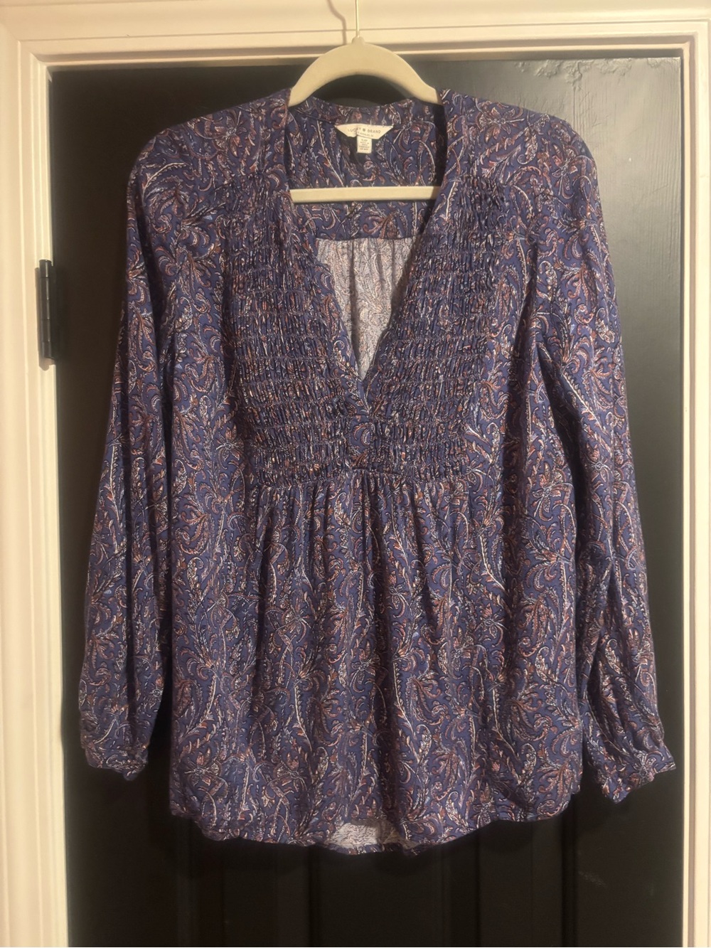 Lucky Brand Blue Paisley Smocked V-Neck Blouse
